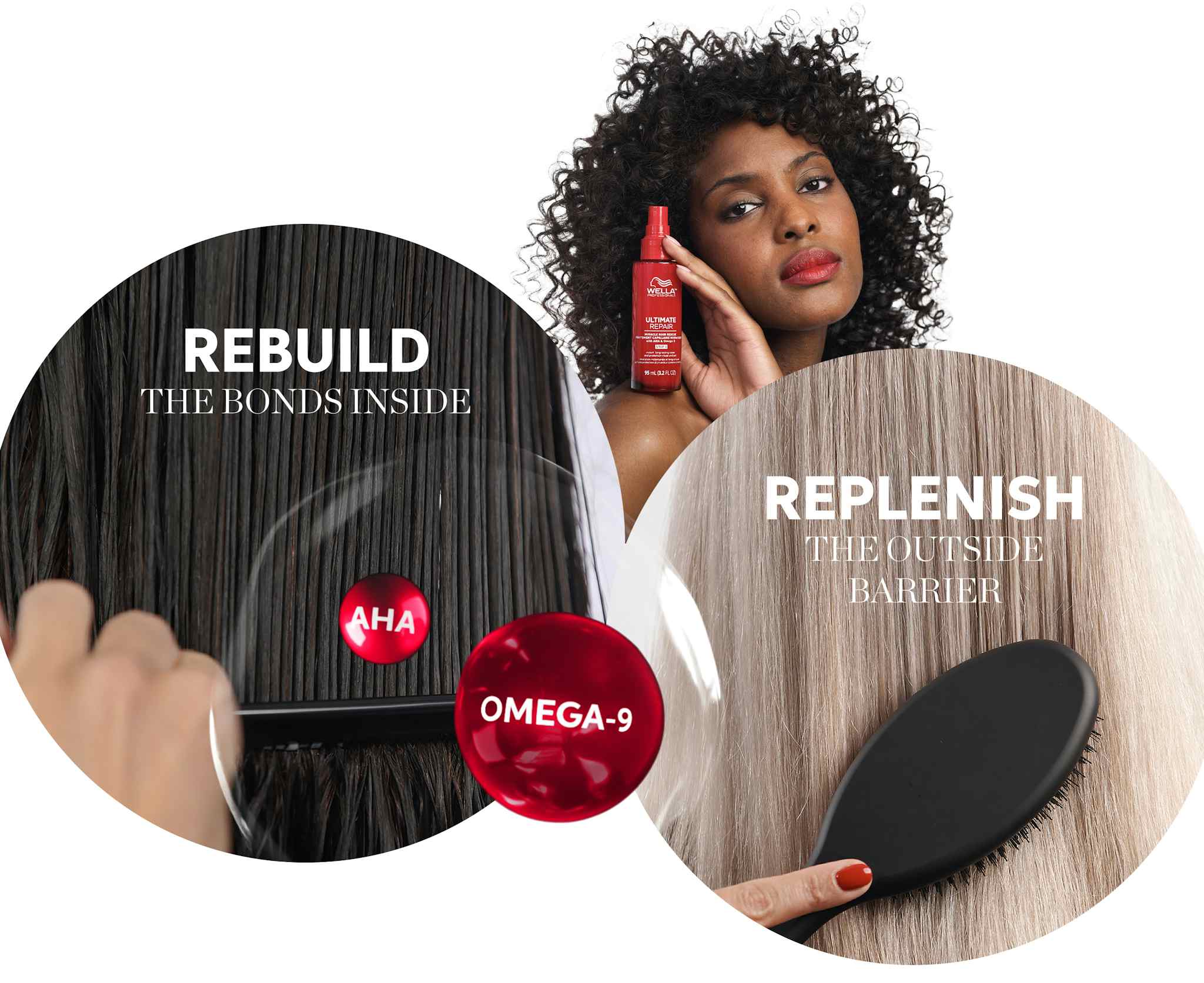 Representation of Omega-9 and AHA molecules components of Ultimate Repair formula for rebuild and replenish of the hair